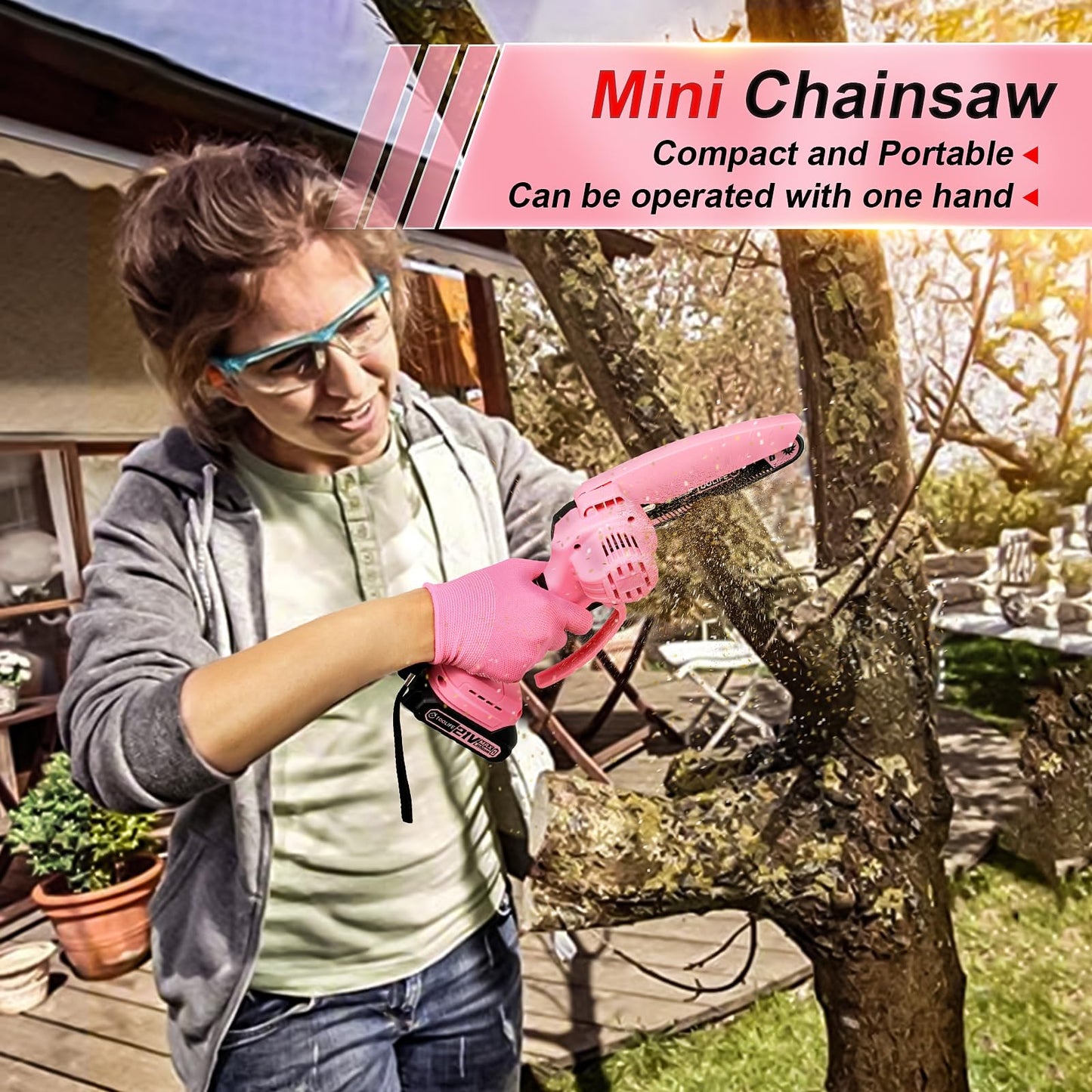 Mini Chainsaw Cordless 6 Inch-Pink